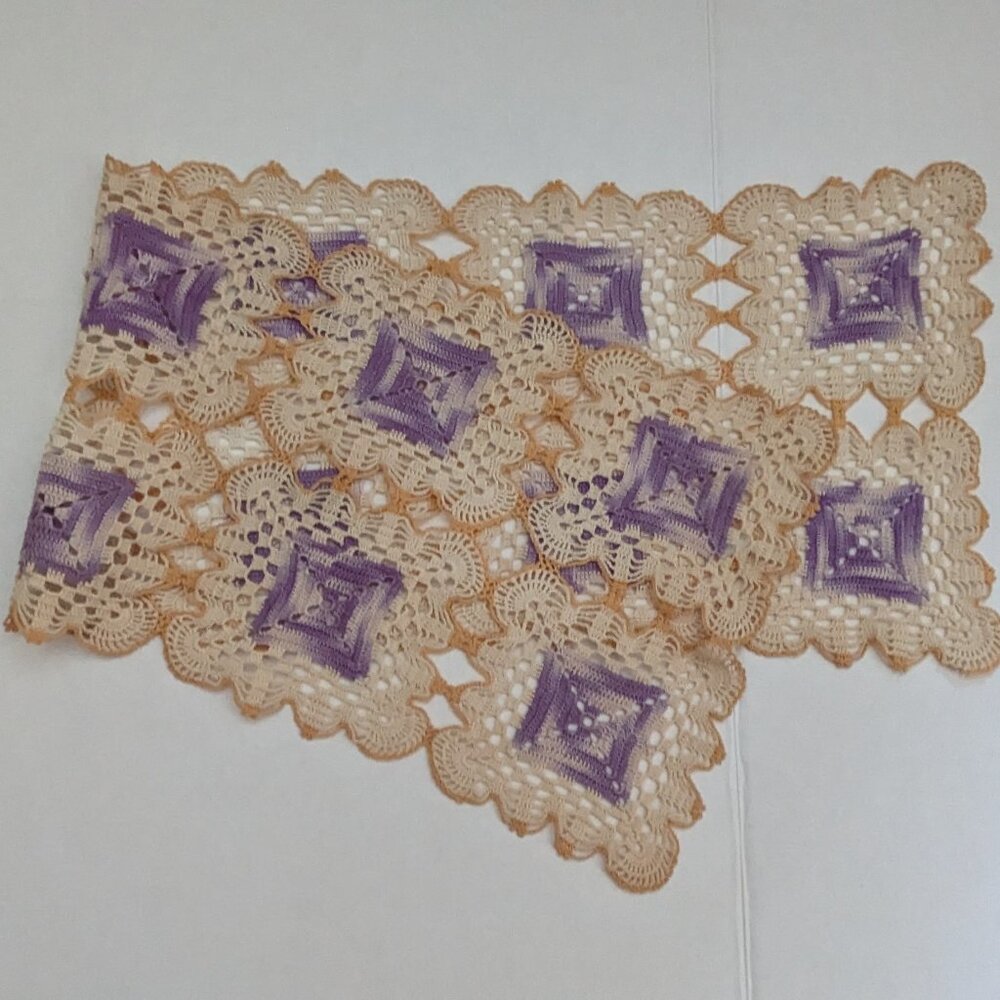 Vintage Hand Crocheted Doily/Dresser Scarf - Purple/Orange/Beige 9x30 Inches